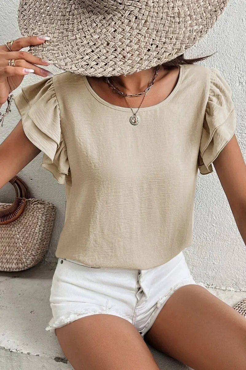 Beige Solid Color Ruffled Short Sleeve Casual Blouse For Women - Love Salve